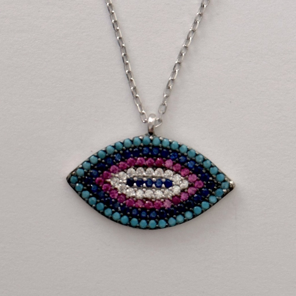 🧿925 Silver evil eye cubic zirconia cz stones necklace oval eye shape evileye